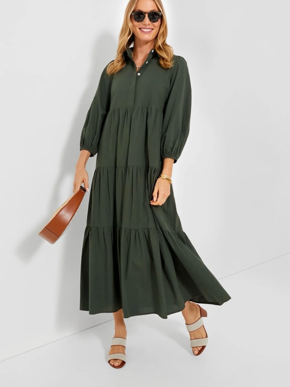 Tuckernuck - Pomander Place 
Olive Green Tiered Maxi Dress with Buttoned V-Neck